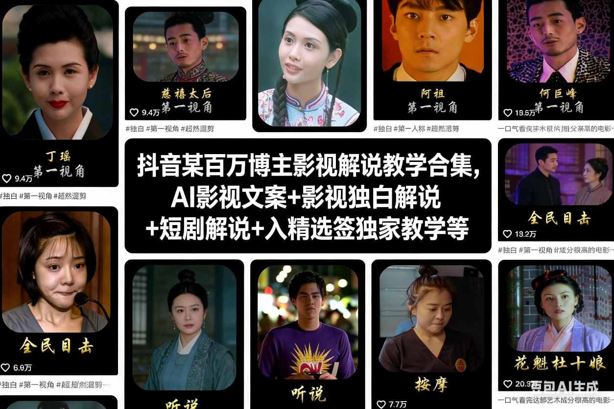 抖音某百万博主影视解说教学合集，AI影视文案+影视独白解说+短剧解说+入精选签独家教学等-樵渔匹