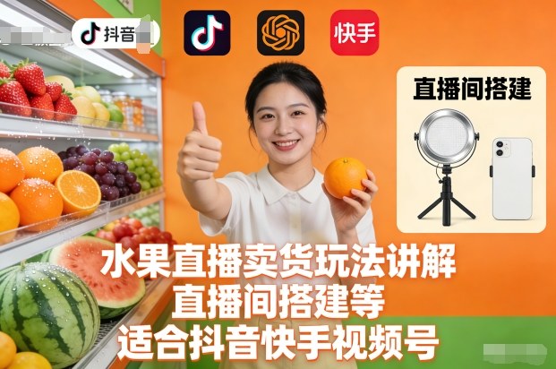 水果直播卖货玩法讲解、直播间搭建等，适合抖音快手视频号-樵渔匹