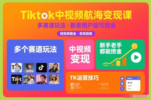 Tiktok中视频航海变现课，多个赛道玩法，新手老手都能在TK中视频捞金-樵渔匹