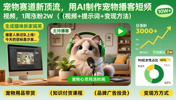 宠物赛道新顶流，用AI制作宠物播客短视频，1周涨粉2W(视频+提示词+变现方法)-樵渔匹