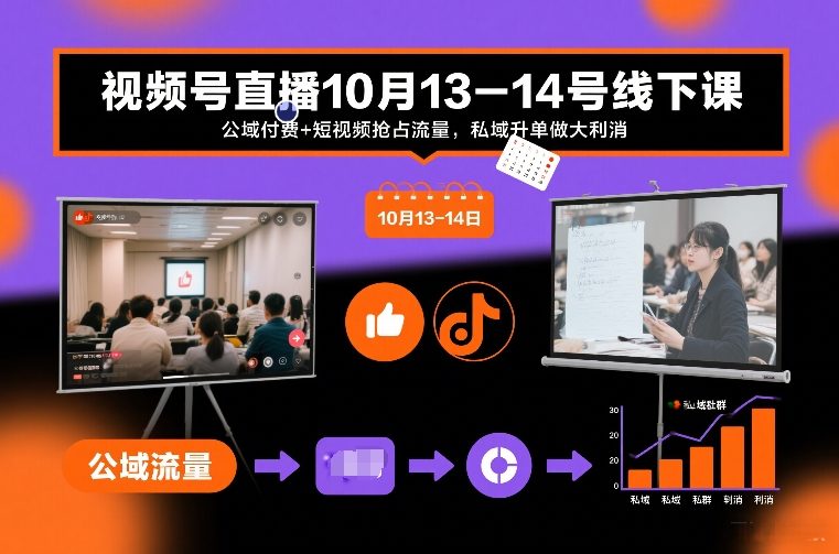 视频号直播10月13-14号线下课，公域付费+短视频抢占流量，私域升单做大利消-樵渔匹