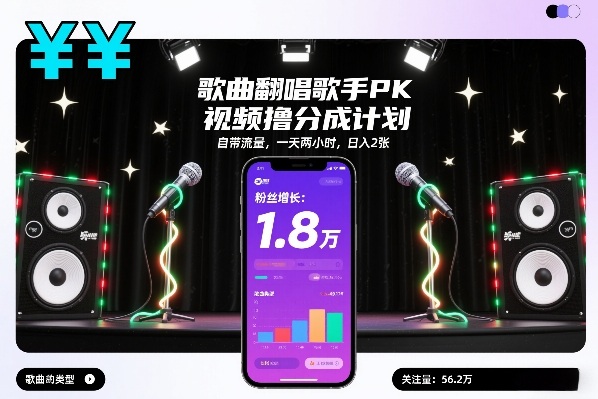 歌曲翻唱歌手PK视频撸分成计划，自带流量，一天两小时，日入2张-樵渔匹