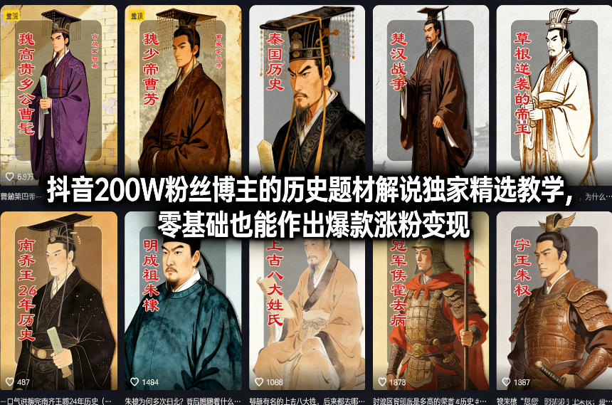 抖音200W粉丝博主的历史题材解说独家精选教学，零基础也能作出爆款涨粉变现-樵渔匹