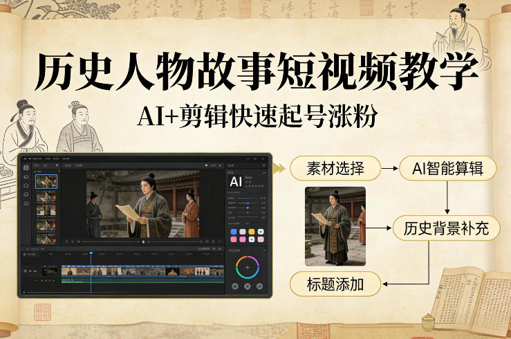 历史人物故事短视频教学，AI+剪辑制作历史人物题材短视频，快速起号涨粉-樵渔匹