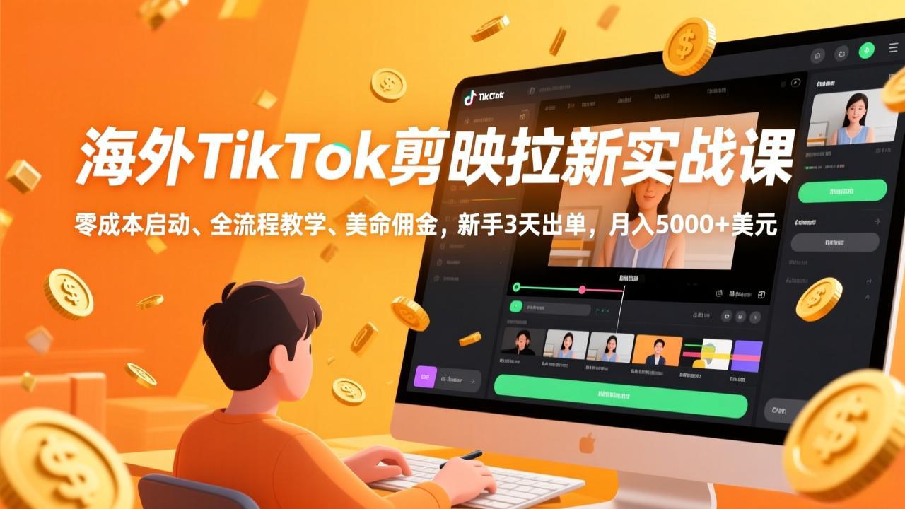 海外TikTok剪映拉新实战课，零成本启动、全流程教学、美金佣金，新手3天出单，月入5000+美元-樵渔匹