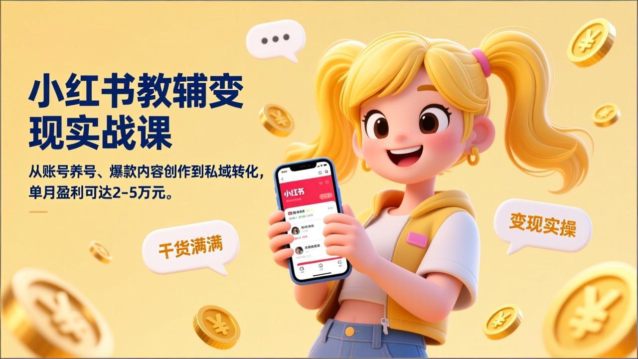 小红书教辅变现实战课，从账号养号、爆款内容创作到私域转化，单月盈利可达2-5万元-樵渔匹