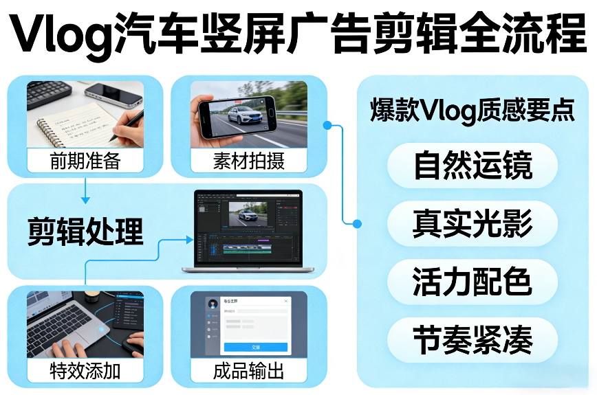 Vlog感觉汽车竖屏广告剪辑脚本全流程，拿捏爆款Vlog质感-樵渔匹