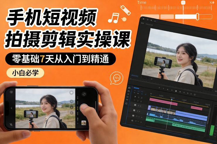 手机短视频拍摄剪辑实操课，零基础7天从入门到精通，小白必学-樵渔匹